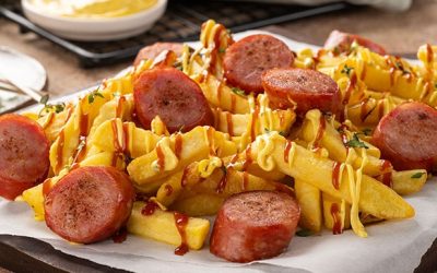 Recetas 18 Salchipapina con mayomostaza y salsa bbq de cerveza